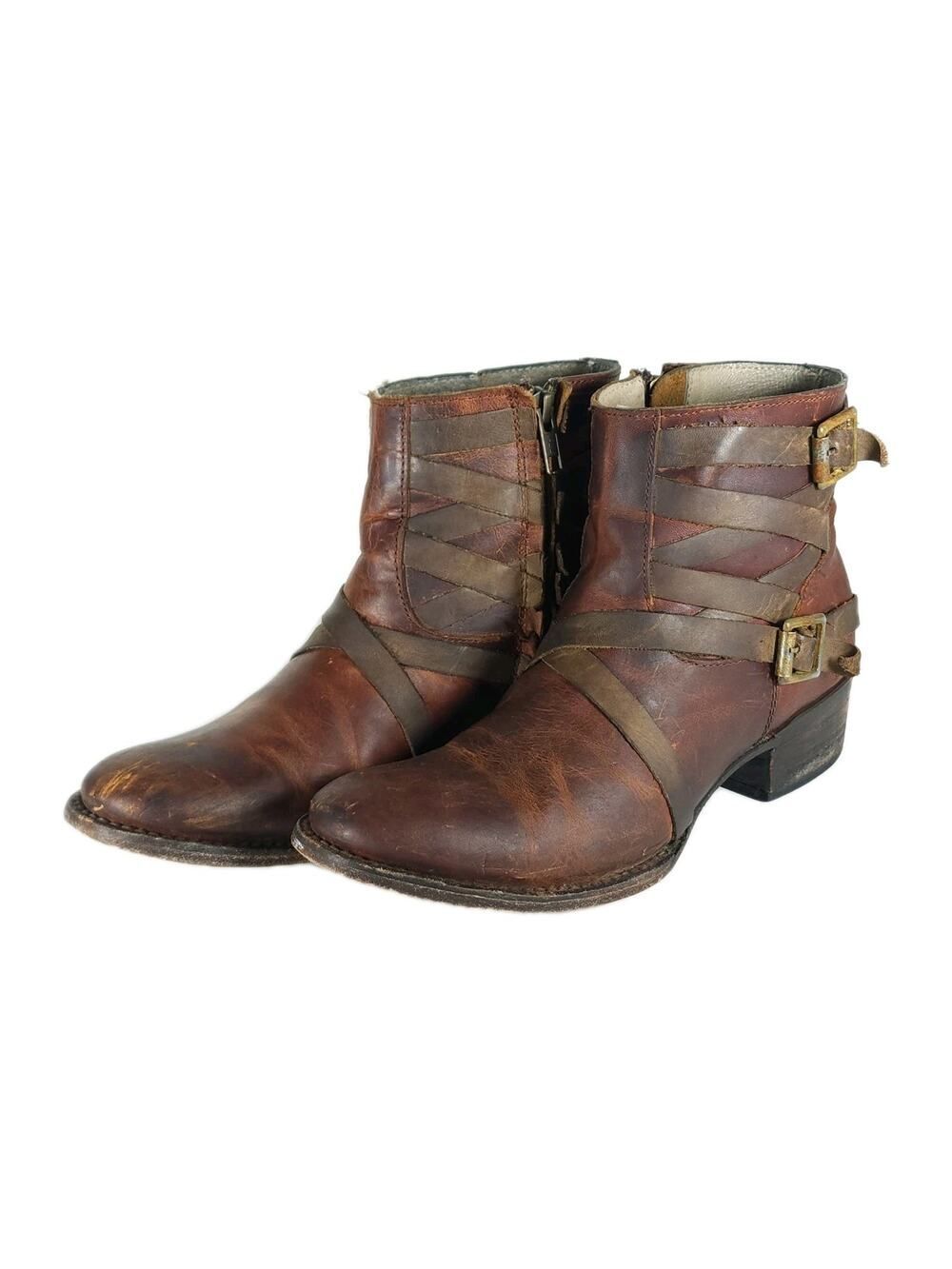 FREEBIRD BY STEVEN Women's Sammi US 8 Brown Leather Distressed Strappy Booties